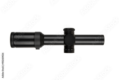 Black rifle scope with adjustment knobs and magnification settings, isolated on a white background.