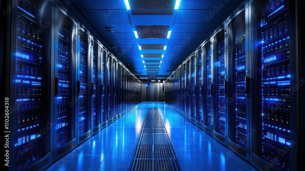 High tech futuristic data center with blue LED lighting and servers. sleek design and advanced technology create modern atmosphere, showcasing innovation and efficiency High tech futuristic data center with blue LED lighting and servers. sleek design and advanced technology create modern atmosphere, showcasing innovation and efficiency