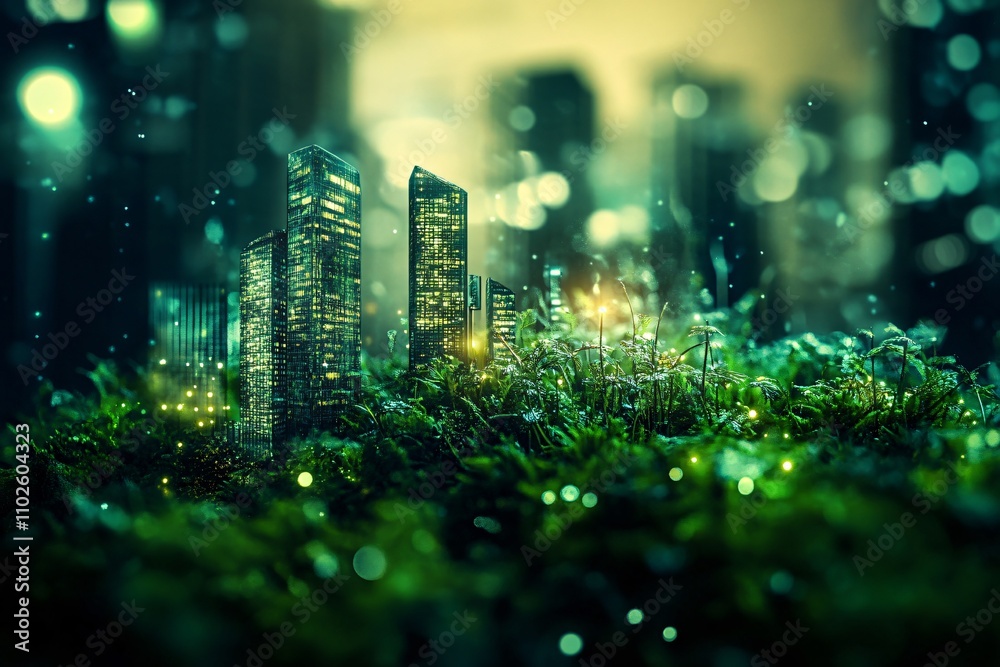 Fototapeta premium Futuristic cityscape blending with nature at twilight glow
