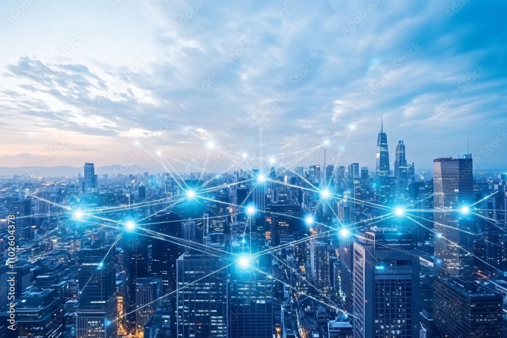 Fototapeta premium Futuristic Cityscape Connectivity Concept with Digital Lines and Nodes