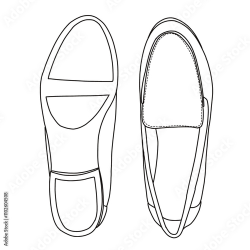 Women's Loafers Slip On Casual Shoes Line art, Technical sketch hand drawing outline vector doodle top and bottom view isolated on white background for coloring page