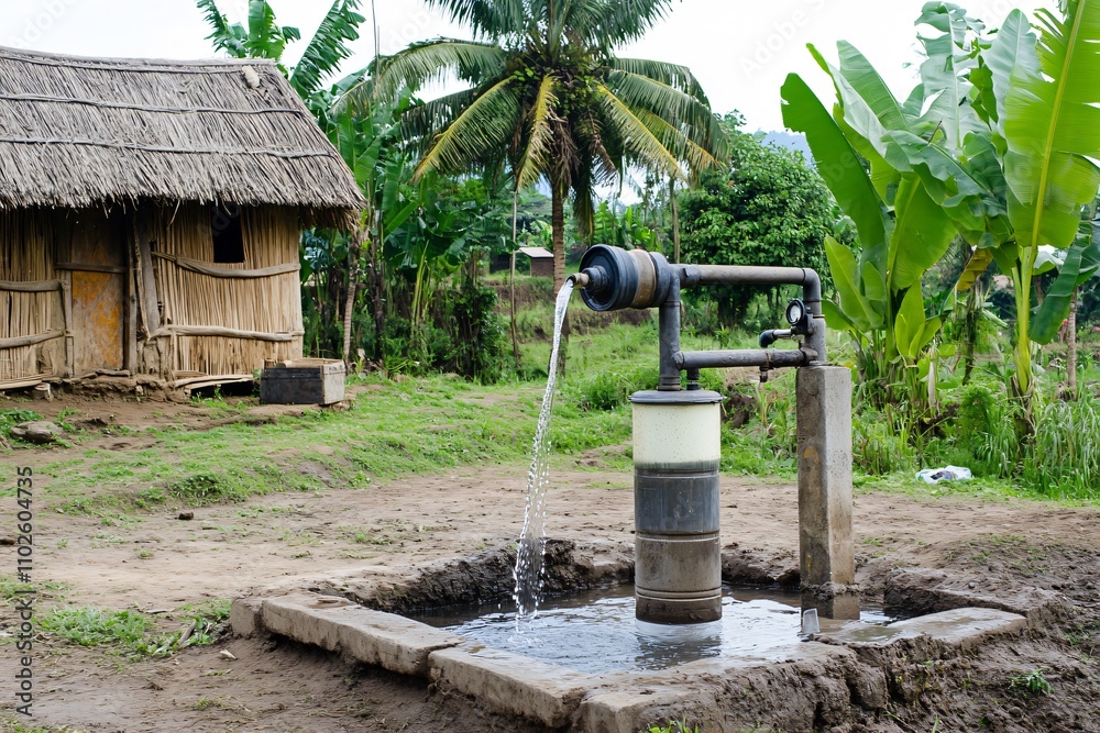 Freshwater Well with Hand Pump in Rural Village Setting in Nature Freshwater Well with Hand Pump in Rural Village Setting in Nature