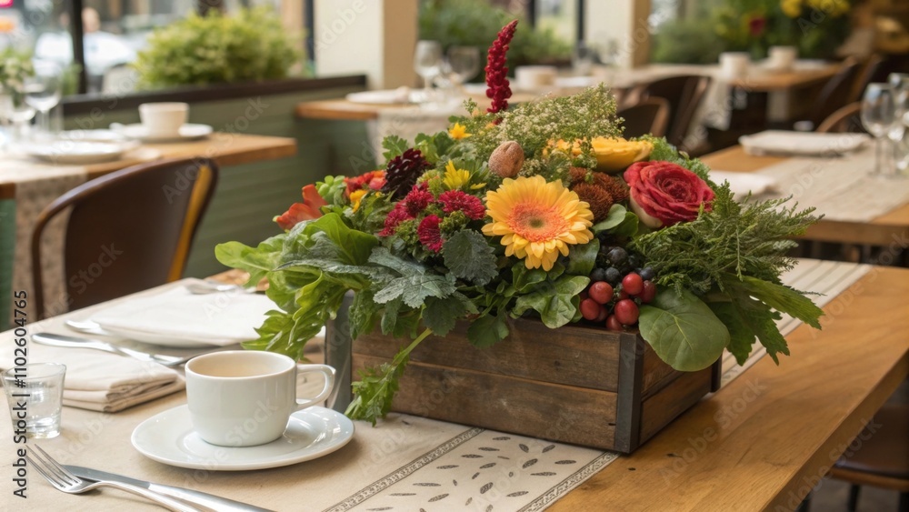 Table adorned with a centerpiece of fresh flowers and edible plants reflecting the cafes commitment to sustainability and local sourcing. Table adorned with a centerpiece of fresh flowers and edible plants reflecting the cafes commitment to sustainability and local sourcing.