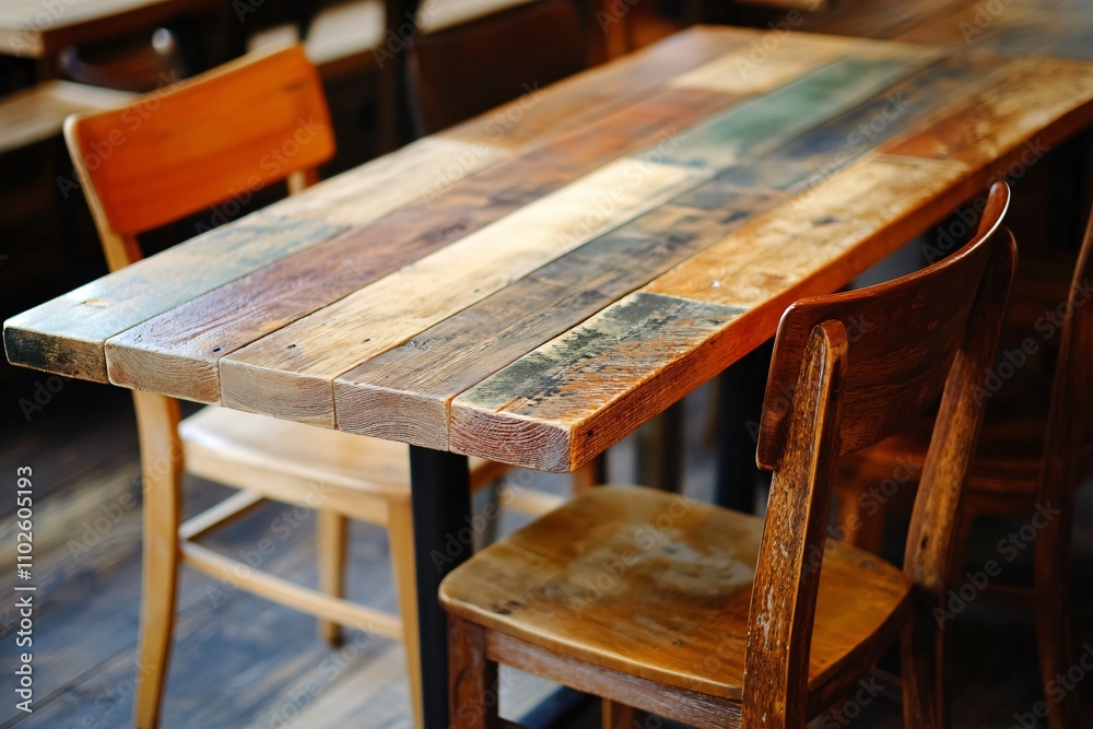 Rustic Wooden Table with Varied Color Palette in Cozy Cafe Setting Rustic Wooden Table with Varied Color Palette in Cozy Cafe Setting