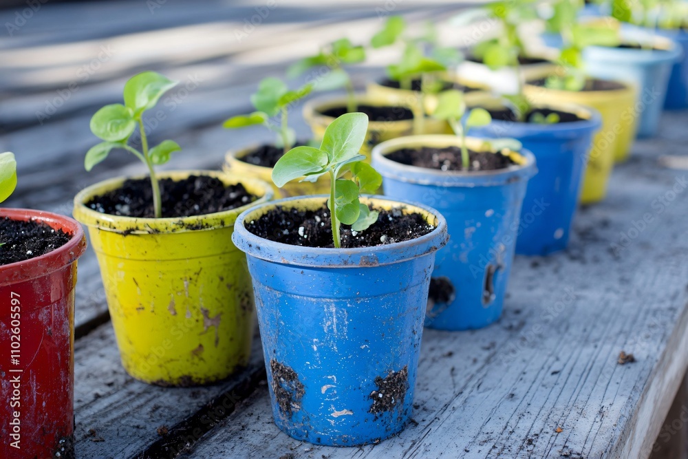 Colorful Seedling Pots on Wooden Table Surrounded by Natural Light Colorful Seedling Pots on Wooden Table Surrounded by Natural Light