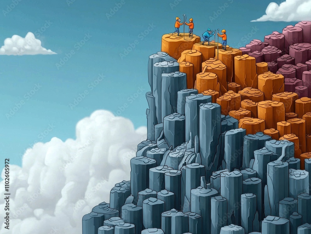 Obraz premium Colorful cartoon team climbing a mountain made of fafe vibrant landscape digital art playful environment inspiring adventure concept