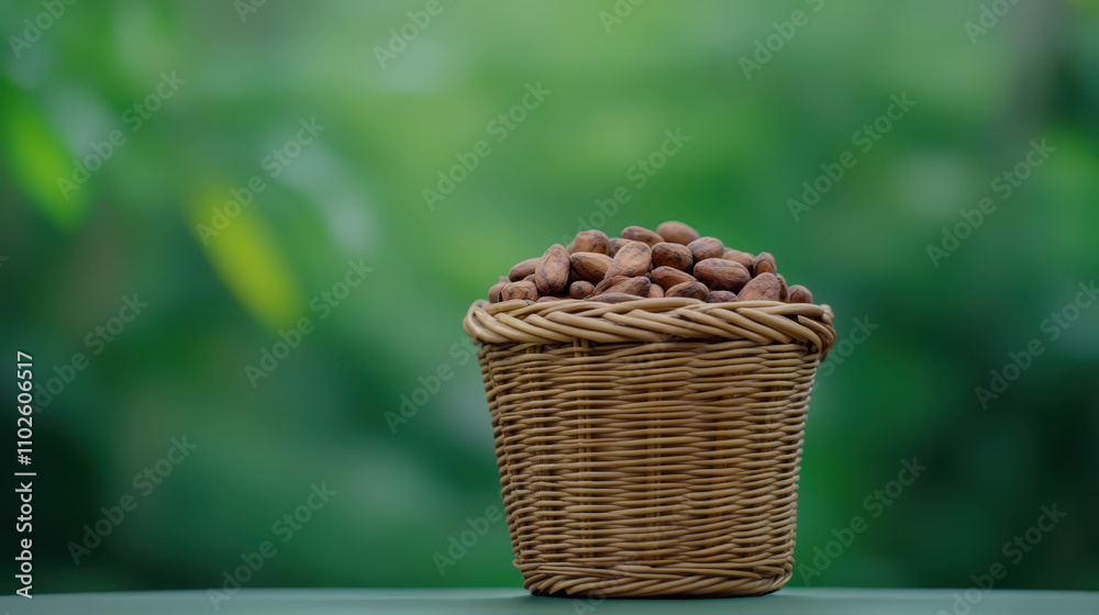 Cocoa beans displayed in woven basket against lush green background, showcasing their natural beauty and rich texture