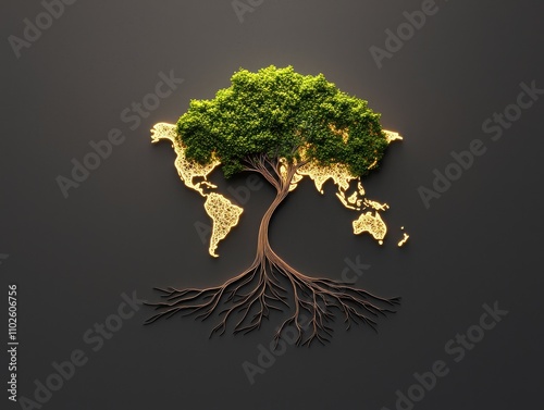 Glowing tree with roots spreading into a world map nature’s connection to global awareness digital art modern environment symbolism and growth photo