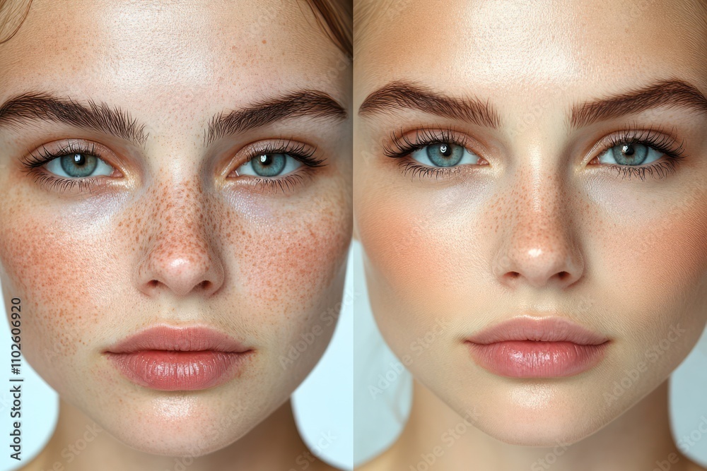 Comparative pictures before and after using cosmetics and white background Comparative pictures before and after using cosmetics and white background