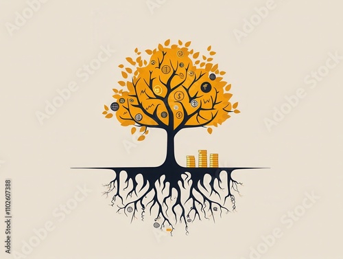 Symbolic growth a tree with roots resembling stock market symbols illustrating financial health and nature's interconnection digital art conceptual visualization photo