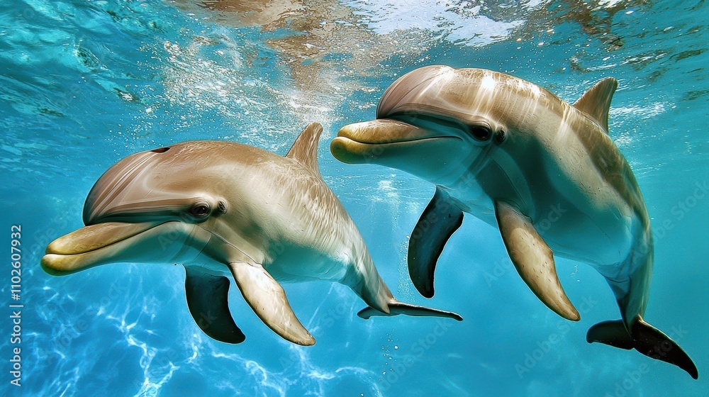 Fototapeta premium Dolphins jumping playfully in the sea loma beach underwater action vibrant environment
