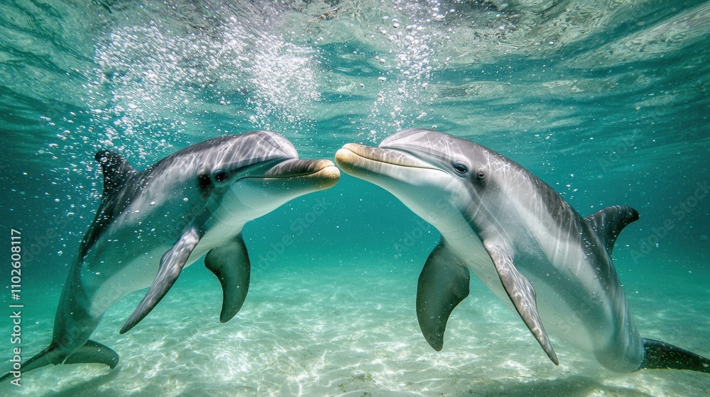 Fototapeta premium Dolphins jumping and playing in the clear sea water at loma beach underwater adventure