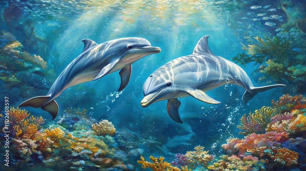 Obraz premium Dolphins jumping playfully in the sea coral reef underwater scene ocean environment nature concept