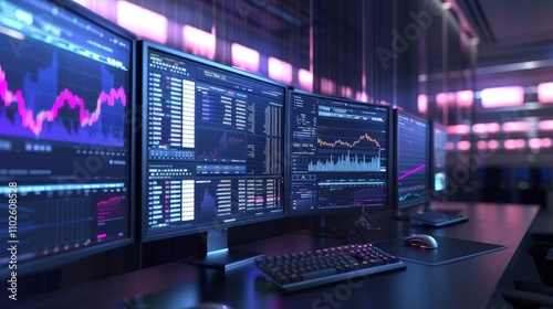 Obraz na płótnie A modern financial trading room with multiple monitors displaying real-time data, stock charts, and analysis tools, set in a dark environment with pink ambient lighting. AI generated. w salonie