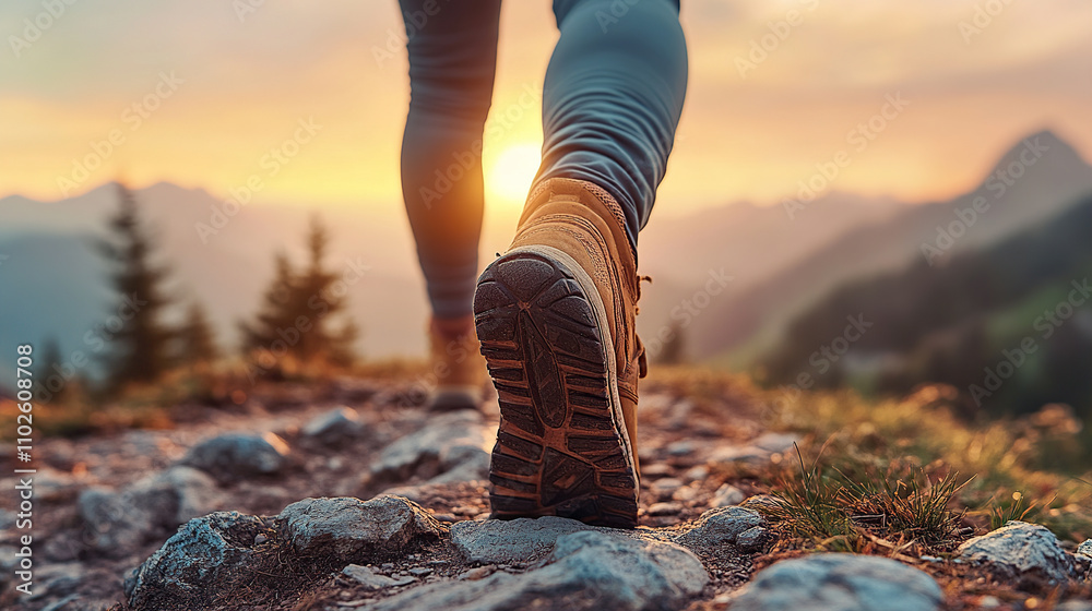 Close-up of a woman's feet in hiking shoes walking on a mountain trail at sunrise Close-up of a woman's feet in hiking shoes walking on a mountain trail at sunrise
