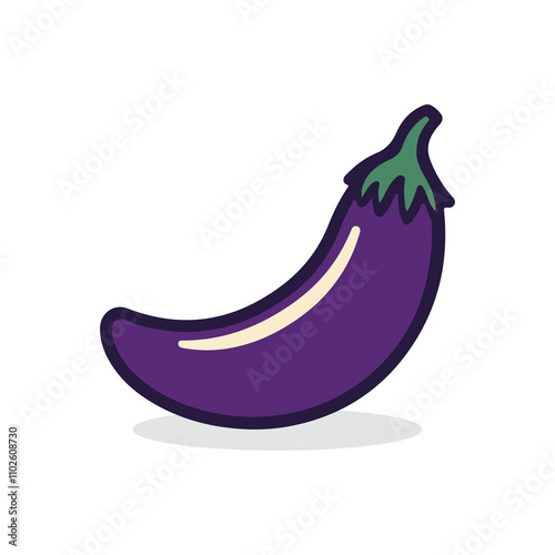 a purple eggplant icon with a green top on a light background design.