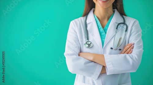 A dedicated doctor in a white coat with medical tools, standing against a clean and vibrant green background photo