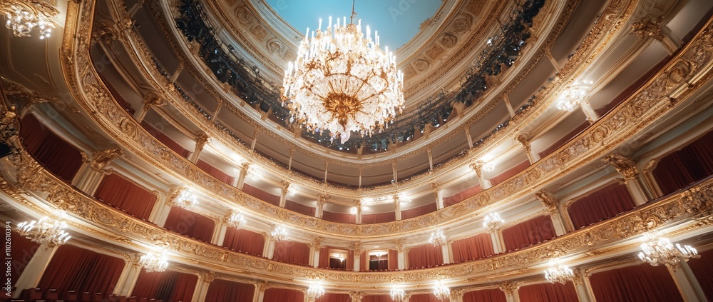 Obraz premium Elegant theater interior with chandeliers and ornate decorations.