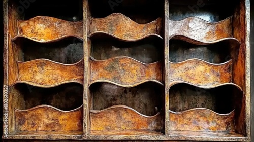 Weathered Wooden Display Shelf with Curved Dividers in a Rustic Style, Showing Unique Textures and Finishes Perfect for Interior Decor Applications photo