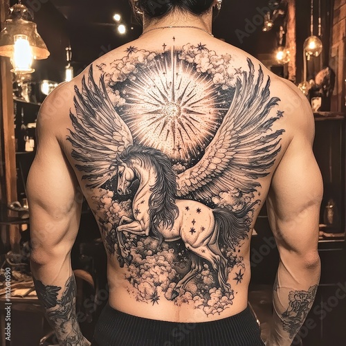 Intricate tattoo of a winged unicorn against a starry night, showcasing a blend of fantasy and art on the canvas of skin photo