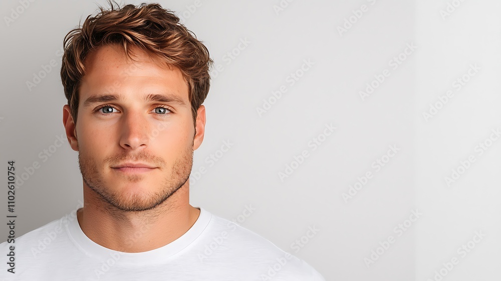 Handsome male model with no beard, dressed in a basic crew-neck t-shirt, posed on a seamless solid background. The model is positioned to the left side of the image, with a slight head turn, Handsome male model with no beard, dressed in a basic crew-neck t-shirt, posed on a seamless solid background. The model is positioned to the left side of the image, with a slight head turn,