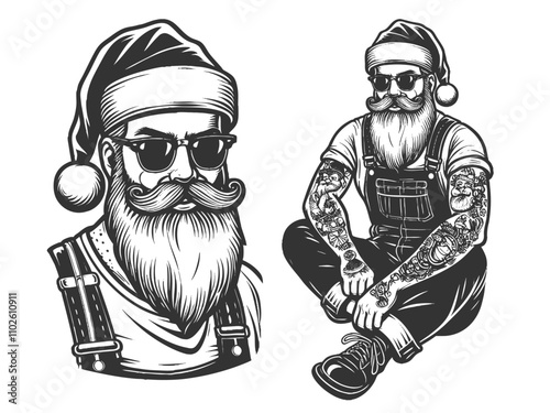 tattooed Santa Claus wearing sunglasses, traditional and modern elements sketch engraving generative ai fictional character vector illustration. Scratch board imitation. Black and white image.