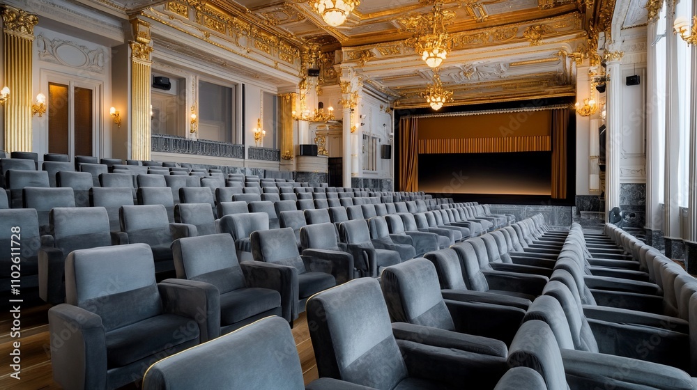 Elegant theater interior with plush seating and a stage backdrop. Elegant theater interior with plush seating and a stage backdrop.