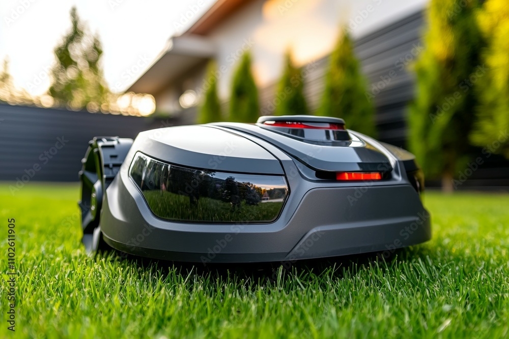 A lawn mower is on the grass A lawn mower is on the grass