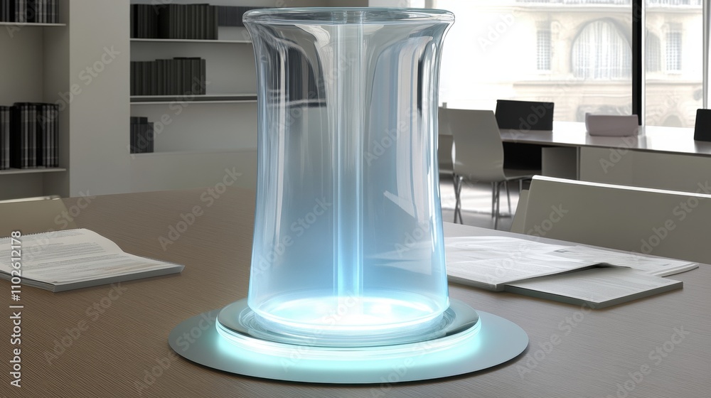 Futuristic Transparent Cylinder on Modern Office Table Surrounded by Papers and Books in Bright, Sleek Workspace with Natural Light Filtering Through Windows Futuristic Transparent Cylinder on Modern Office Table Surrounded by Papers and Books in Bright, Sleek Workspace with Natural Light Filtering Through Windows