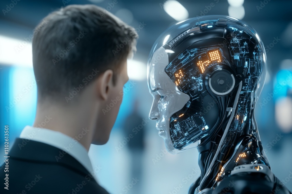 A man is looking at a robot with a face that has the time of 9:00 on it A man is looking at a robot with a face that has the time of 9:00 on it