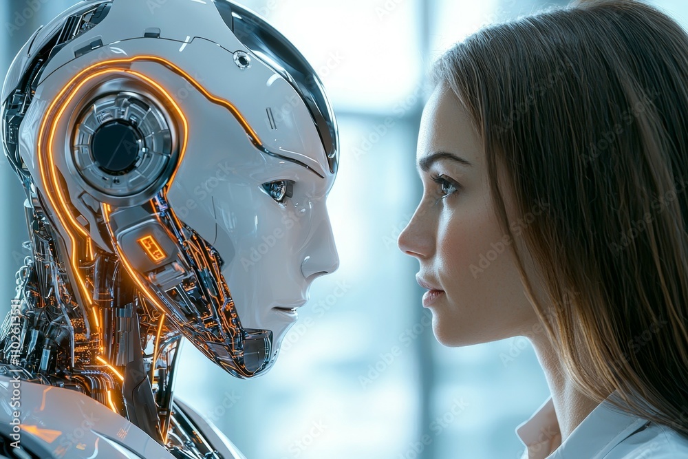 A robot and a woman are facing each other A robot and a woman are facing each other