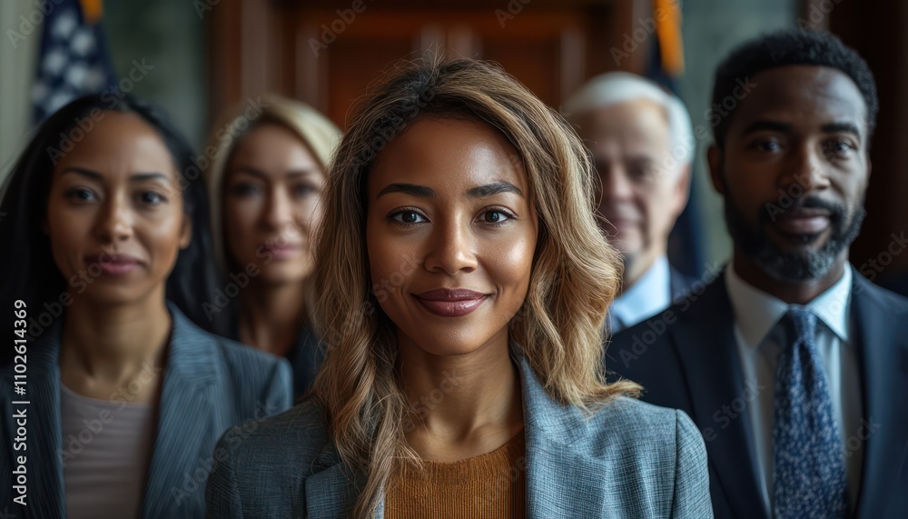 A diverse group of industry experts collaborate on government contracting, diversity, government buildings. american flag A diverse group of industry experts collaborate on government contracting, diversity, government buildings. american flag