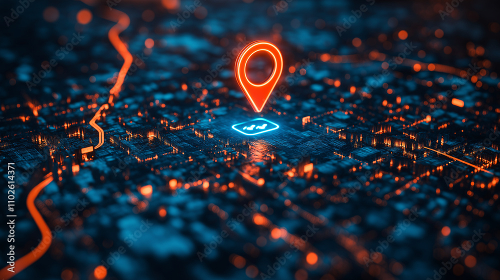 3D Geolocation Icon on a Technological City Map 3D Geolocation Icon on a Technological City Map