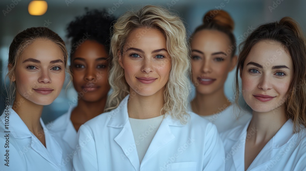 A group of people in white coats standing together, each with different hair and skin tones.