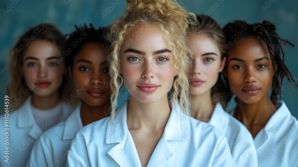 A group of people in white coats standing together, each with different hair and skin tones. A group of people in white coats standing together, each with different hair and skin tones.