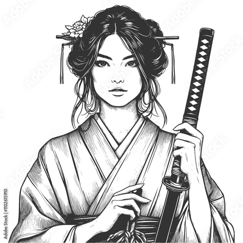 samurai woman in a kimono with katana, adorned with intricate details sketch engraving generative ai fictional character vector illustration. Scratch board imitation. Black and white image.