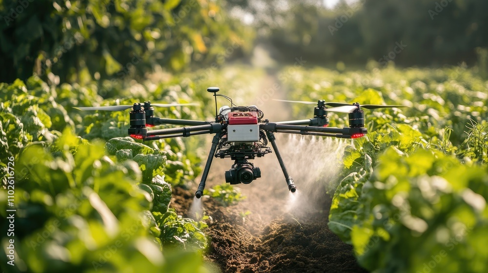 Drone with Sprayer and Cameras Flying Over Vegetable or Fruit Field, Eco-Friendly Smart Farming Technology for Precision Agriculture Drone with Sprayer and Cameras Flying Over Vegetable or Fruit Field, Eco-Friendly Smart Farming Technology for Precision Agriculture