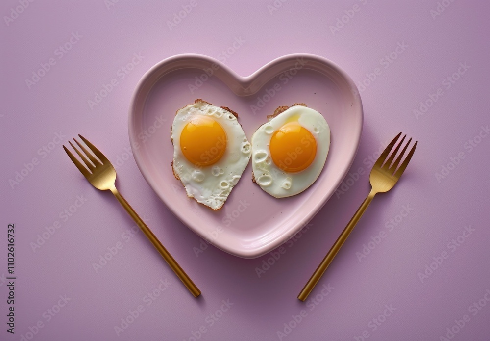 heart shaped plate with fried eggs, golden cutlery, pink background, romantic breakfast, fresh and appetizing presentation of food in a cozy atmosphere heart shaped plate with fried eggs, golden cutlery, pink background, romantic breakfast, fresh and appetizing presentation of food in a cozy atmosphere