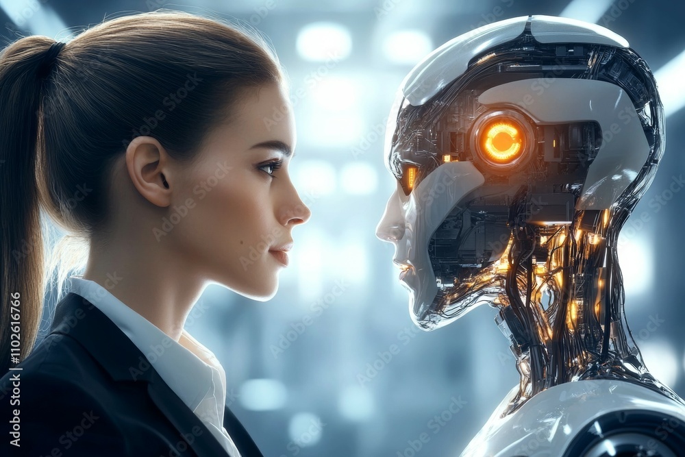 A woman is looking at a robot A woman is looking at a robot