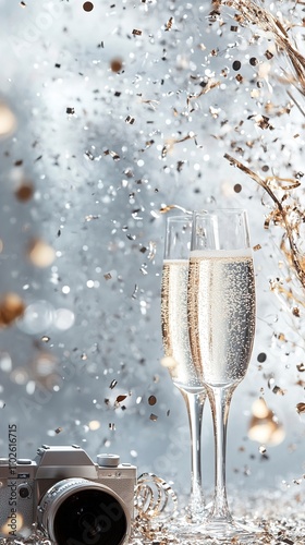 Sparkling Celebration Champagne Flutes and Vintage Camera Amidst Silver Confetti