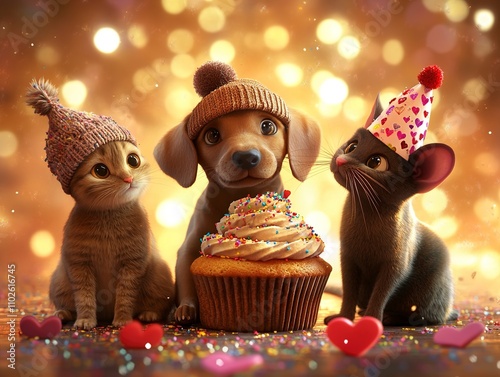 Adorable Pets Celebrating Birthday with Cupcake photo