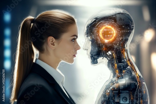 A woman is standing in front of a robot with a big head