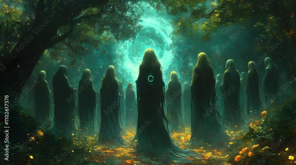 Enigmatic Figures in a Mystical Forest Illustration Enigmatic Figures in a Mystical Forest Illustration