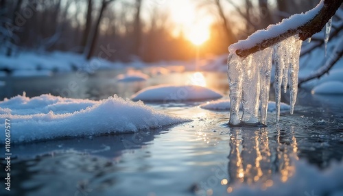 Sunlight breaks through the trees at dawn, reflecting off a tranquil river dotted with melting ice. Icicles hang nearby, creating a peaceful and warm spring atmosphere. Generative AI