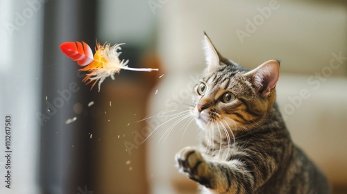 A close up portrait of a curious and playful tabby cat gazing intently at a vibrant colorful leaf in a cozy indoor environment  The feline s sharp eyes elegant features photo