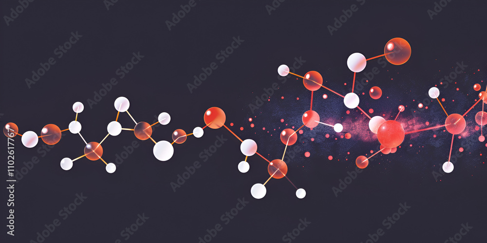 Abstract Molecular Chain Featuring Red and White Atoms, Dynamic Molecular Interaction on Dark Background with Energy Particles
Abstract Molecular Chain Featuring Red and White Atoms, Dynamic Molecular Interaction on Dark Background with Energy Particles