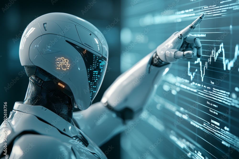 A robot pointing at a computer screen with a blue background A robot pointing at a computer screen with a blue background