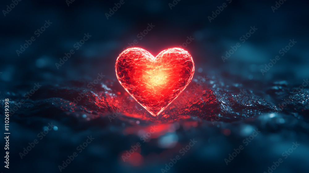 Obraz premium A glowing red heart symbolizing love and affection in a dark, serene environment.