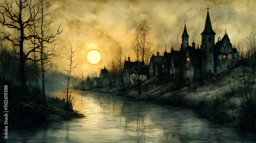 Moonlit Village Illustratio...