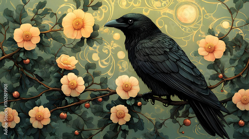 Raven and Peach Blossoms Il...